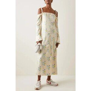 Ganni Yellow Satin Crinkle Floral Rutabaga Off Shoulder Dress NWT, Size 2 | 34